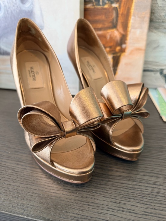Valentino Shoes - Valentino Metallic Bronze Bow Peep-Toe Platform Heels